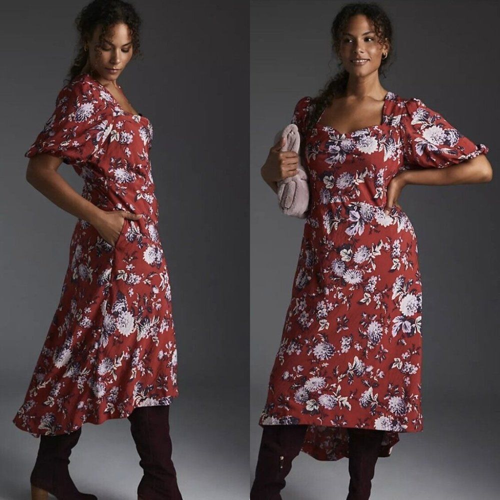 NWT Maeve Anthropologie red floral motif puff sleeve lightweight midi dress